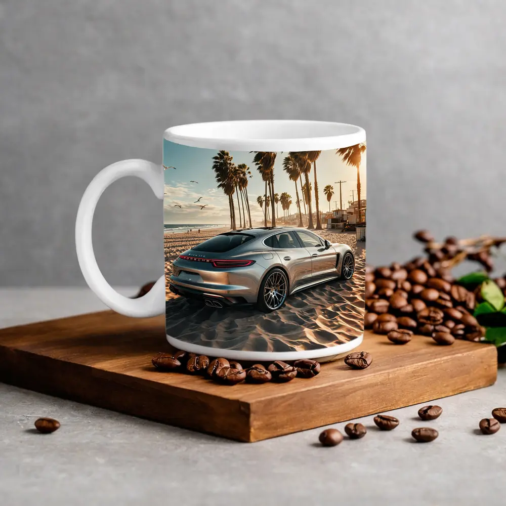 Porsche Panamera Silver Beach Palm Trees – Mugs