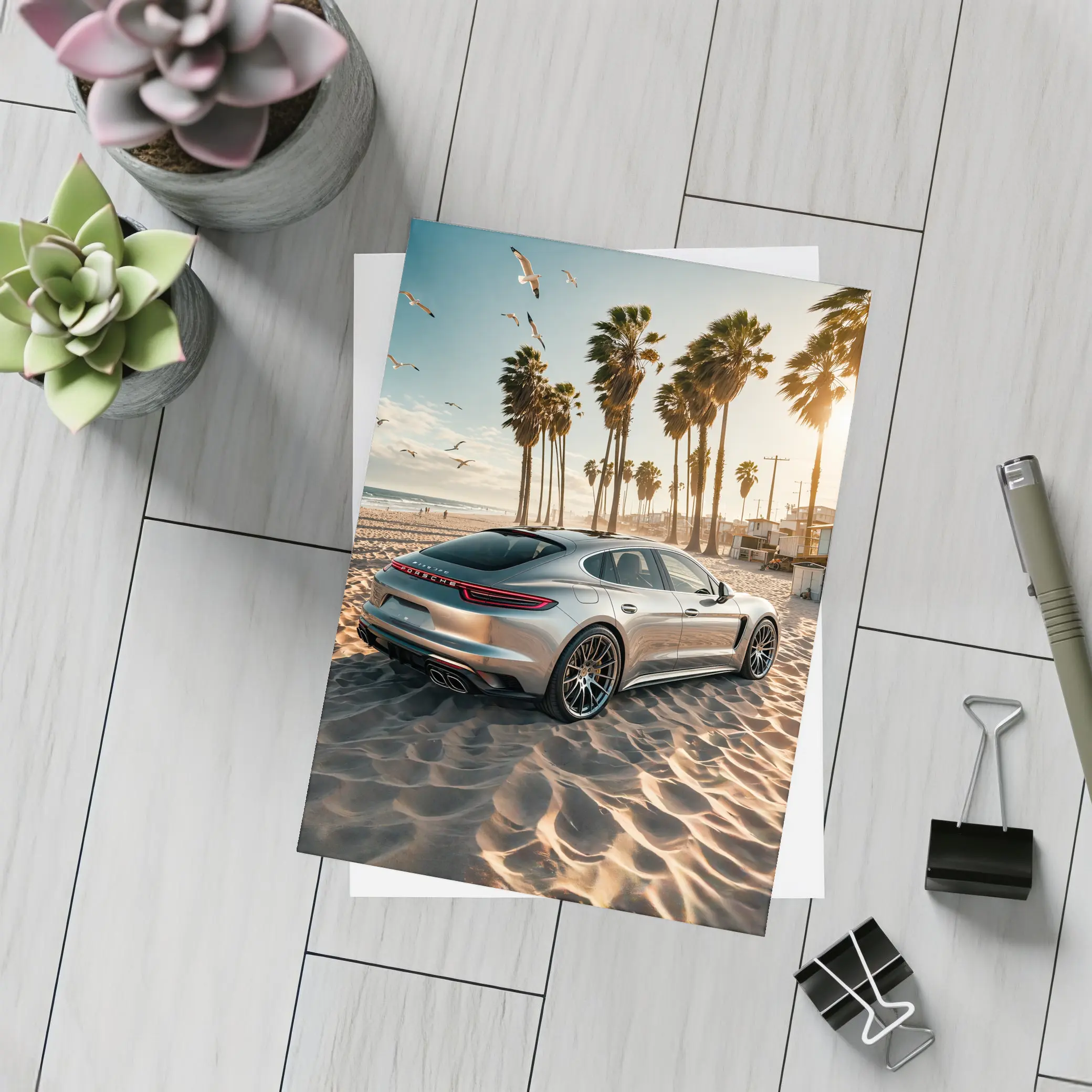 Porsche Panamera Silver Beach Palm Trees – Postcards