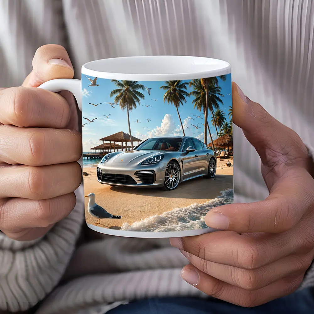 Porsche Panamera Parked On Tropical Beach – Mugs