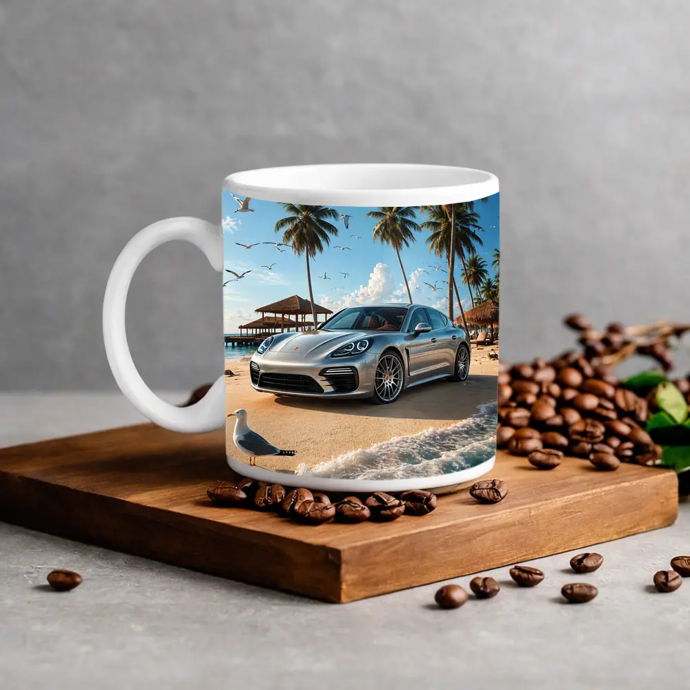 Porsche Panamera Parked On Tropical Beach – Mugs