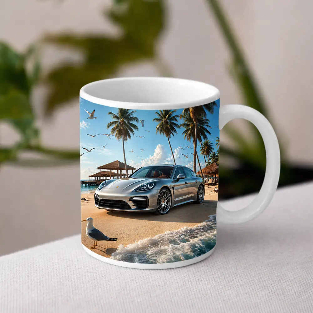 Porsche Panamera Parked On Tropical Beach – Mugs