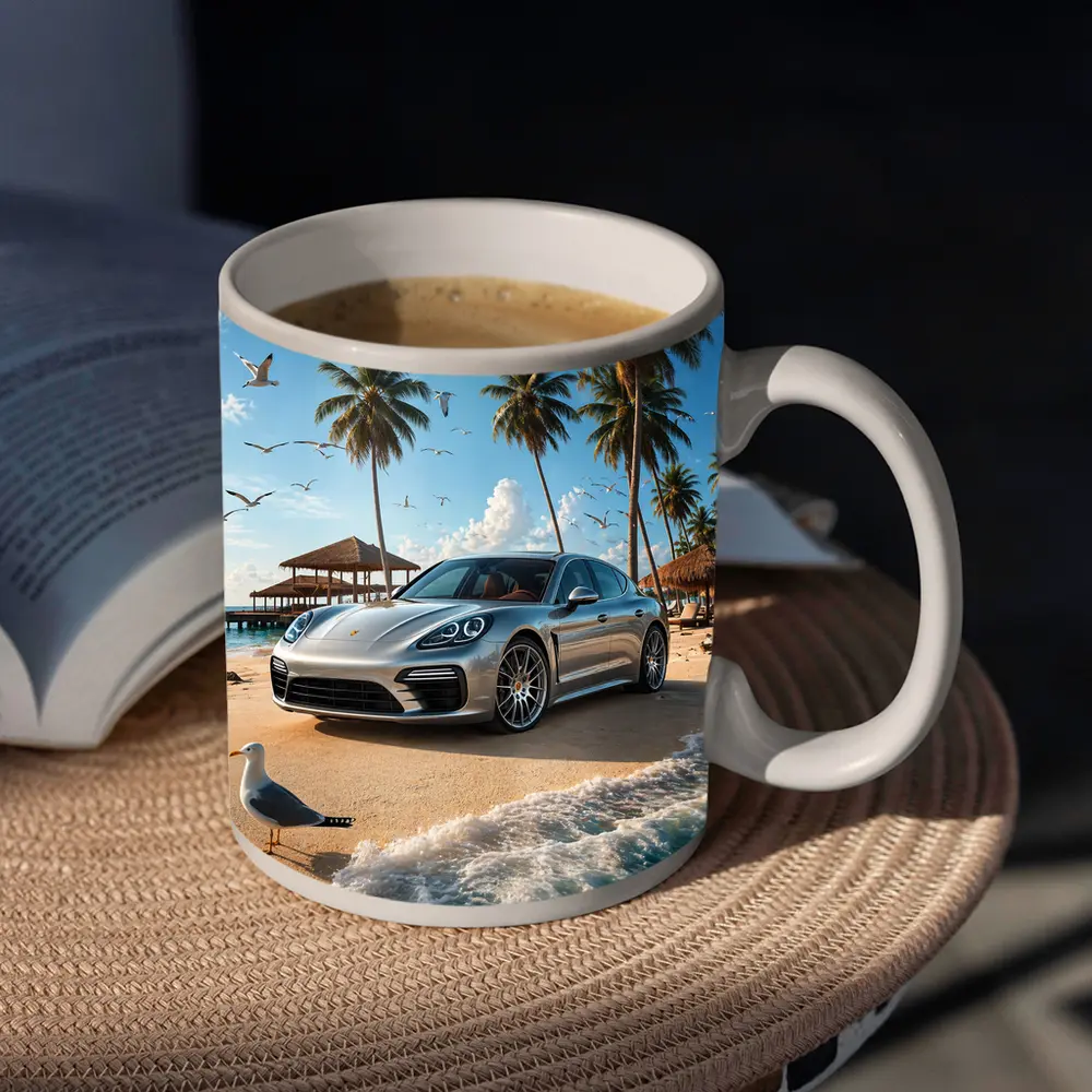 Porsche Panamera Parked On Tropical Beach – Mugs