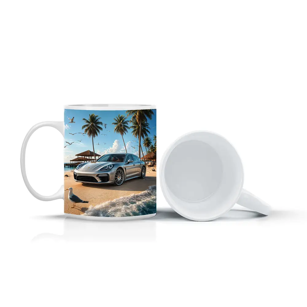 Porsche Panamera Parked On Tropical Beach – Mugs