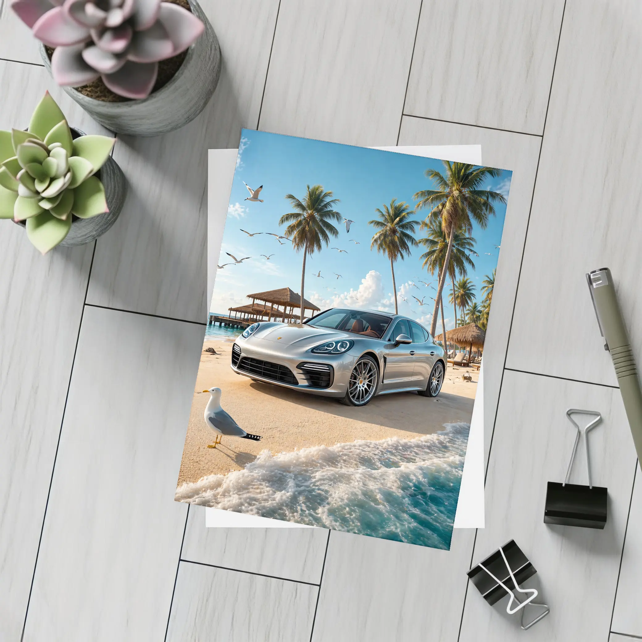 Porsche Panamera Parked On Tropical Beach – Postcards