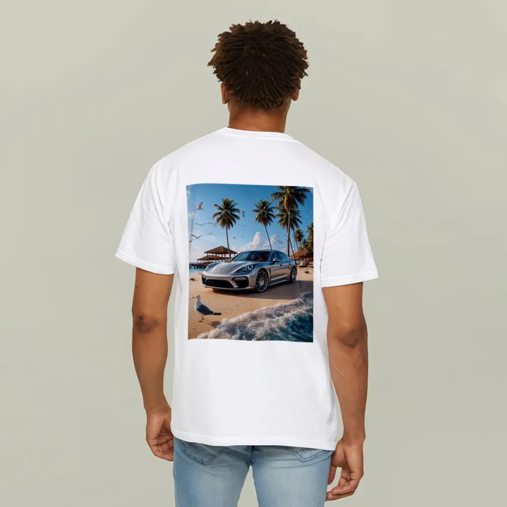 Porsche Panamera Parked On Tropical Beach – T-Shirts