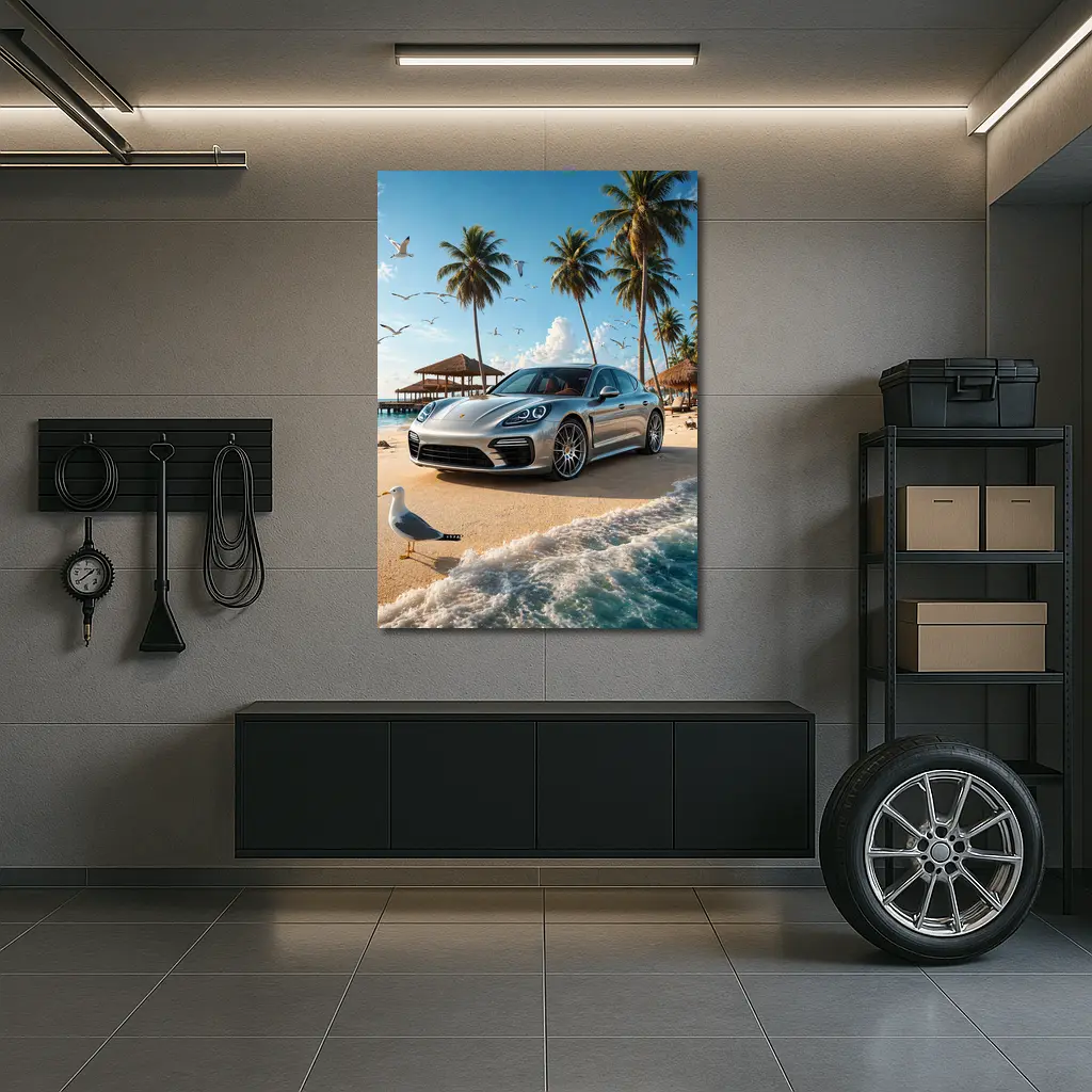 Porsche Panamera Parked On Tropical Beach – Wall Art