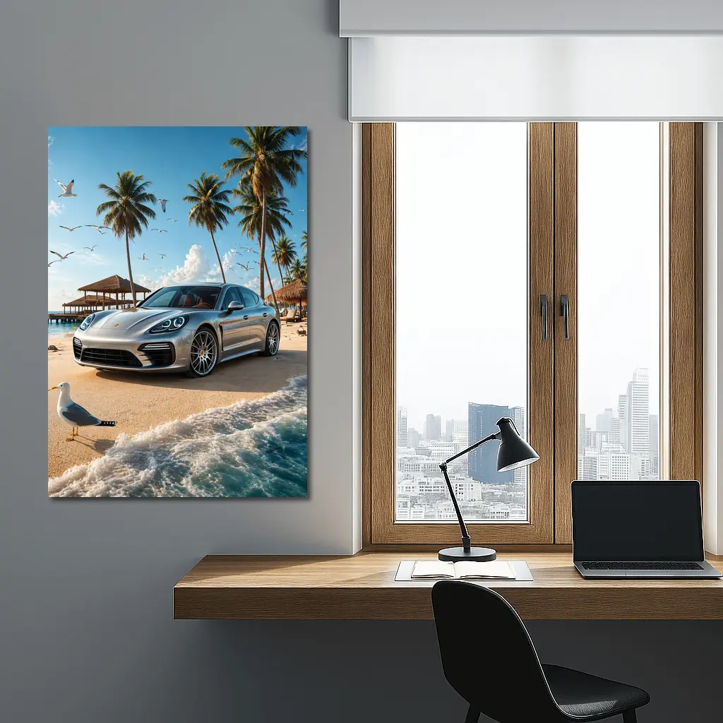 Porsche Panamera Parked On Tropical Beach – Wall Art