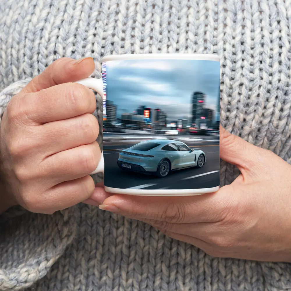 Porsche Taycan Speeding Through City Streets – Mugs
