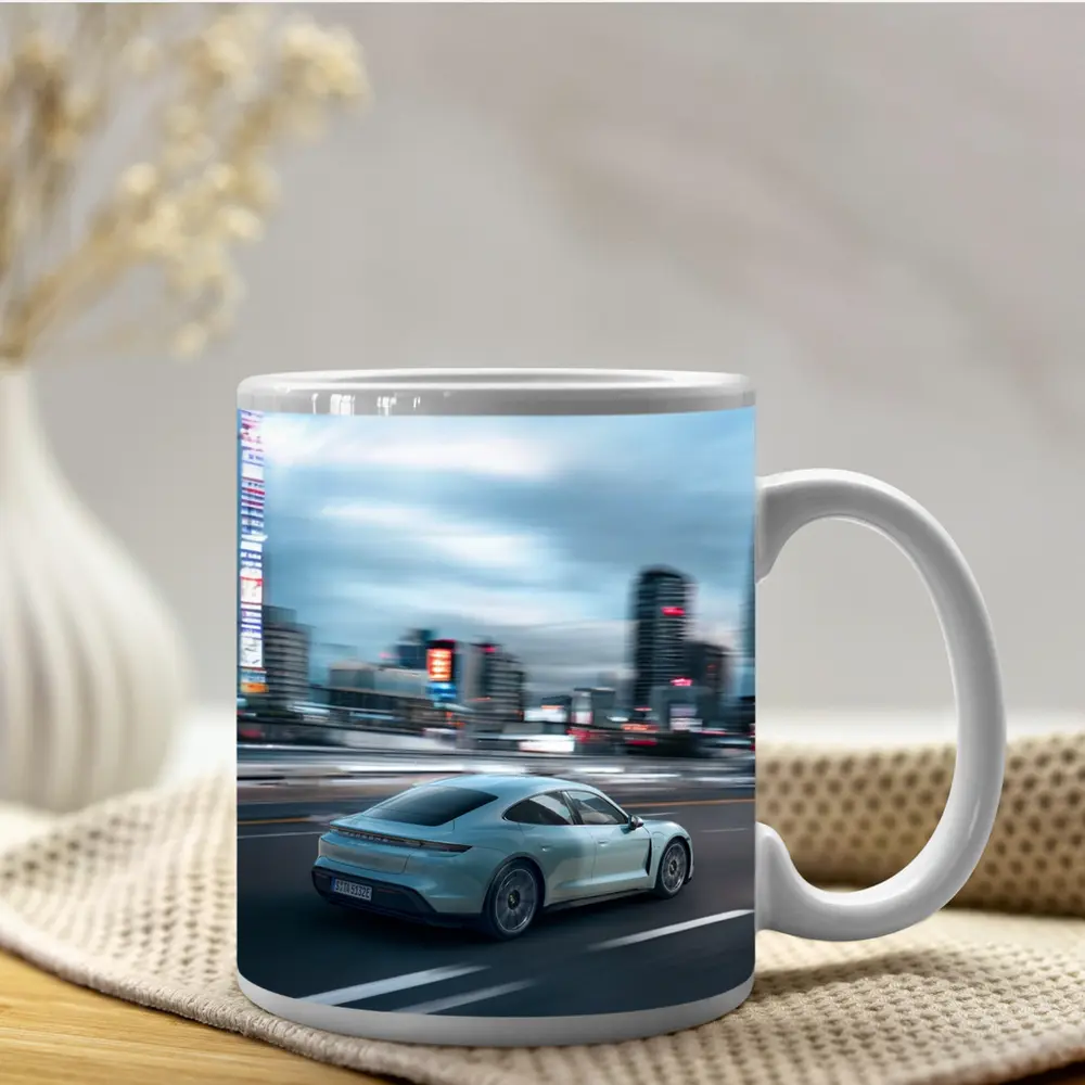 Porsche Taycan Speeding Through City Streets – Mugs