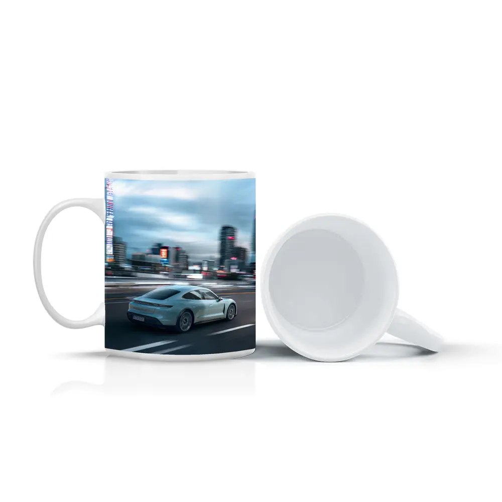 Porsche Taycan Speeding Through City Streets – Mugs
