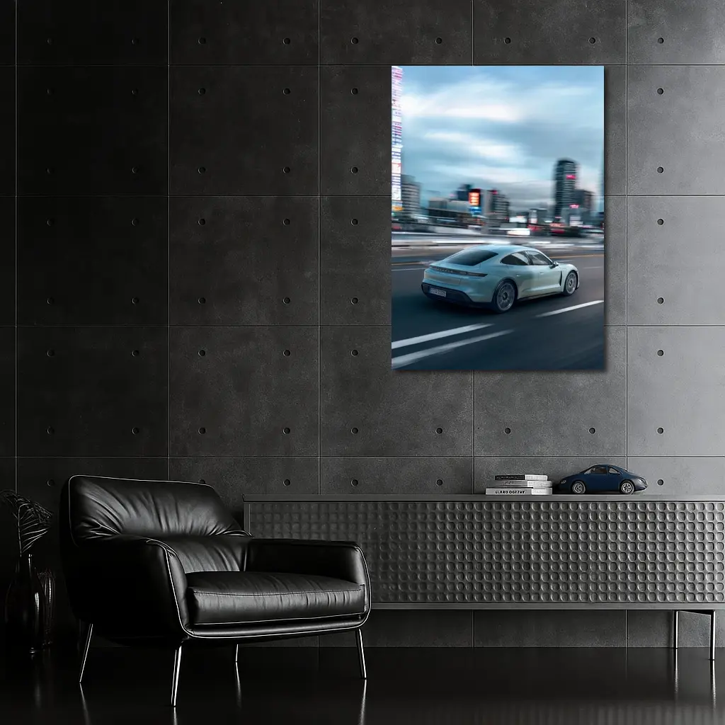 Porsche Taycan Speeding Through City Streets – Wall Art