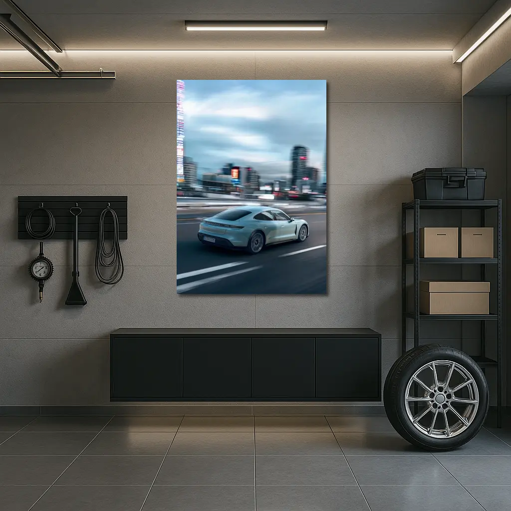 Porsche Taycan Speeding Through City Streets – Wall Art