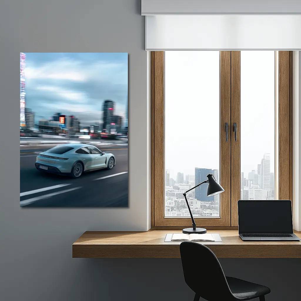 Porsche Taycan Speeding Through City Streets – Wall Art