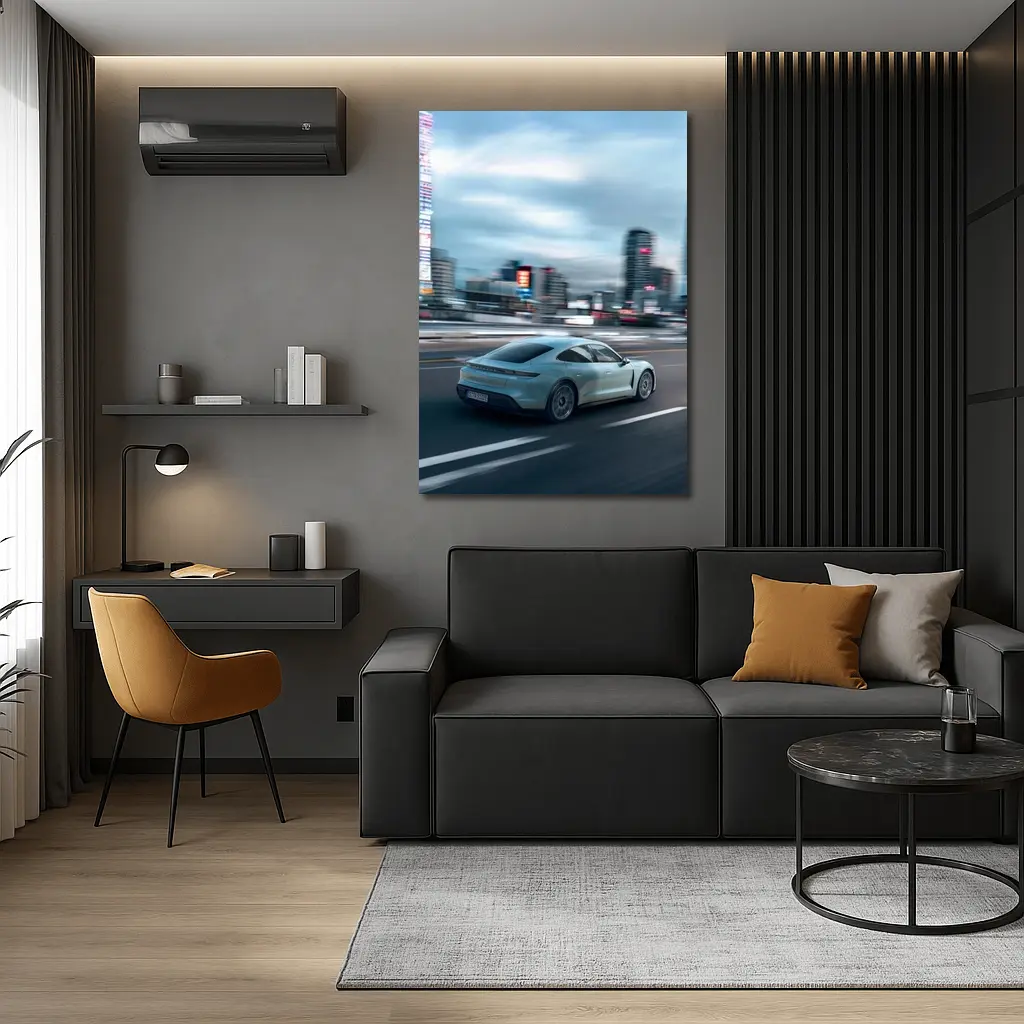 Porsche Taycan Speeding Through City Streets – Wall Art