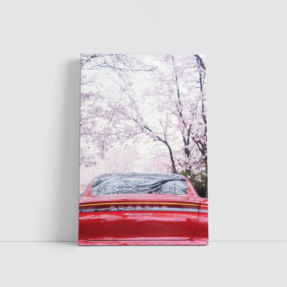 Red Porsche Taycan Cherry Blossom Background – Wall Art