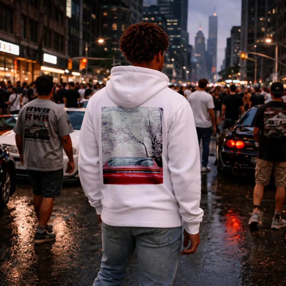 Red Porsche Taycan Cherry Blossom Background – Hoodies