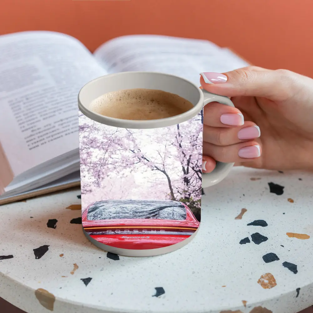 Red Porsche Taycan Cherry Blossom Background – Mugs