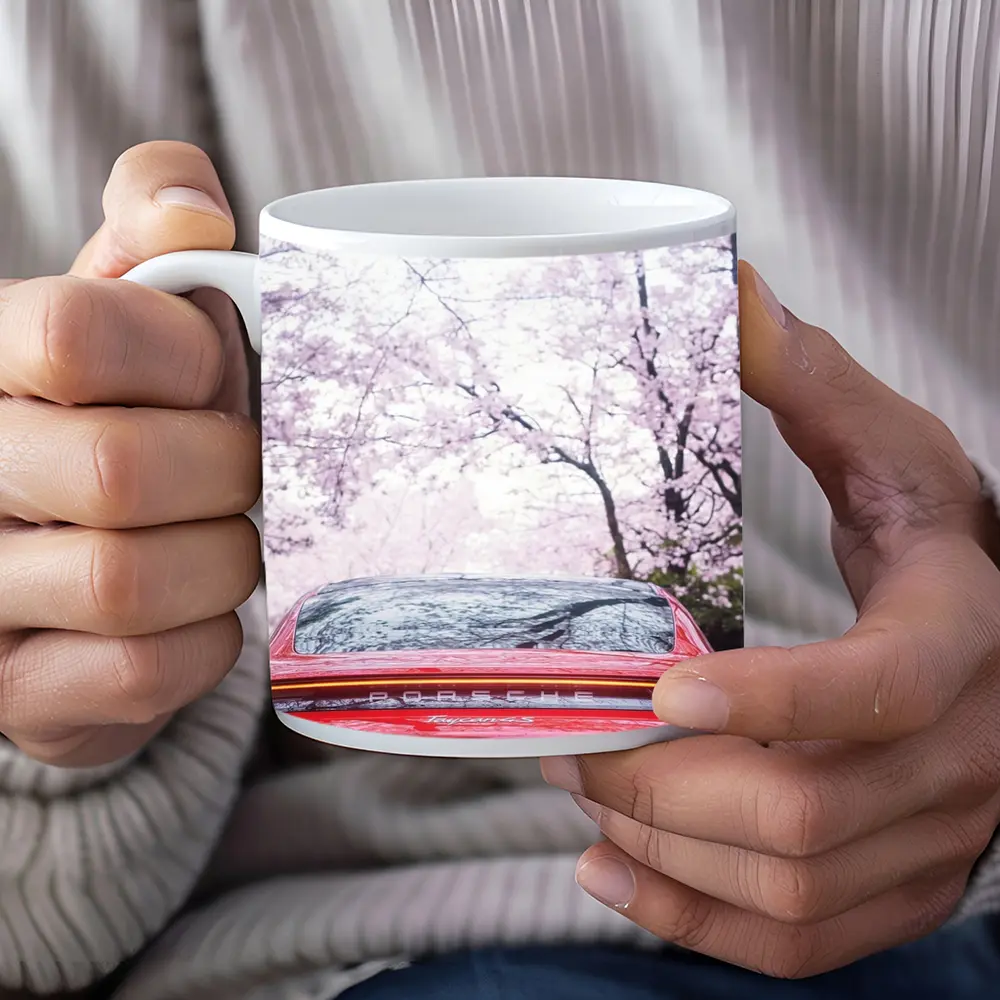 Red Porsche Taycan Cherry Blossom Background – Mugs
