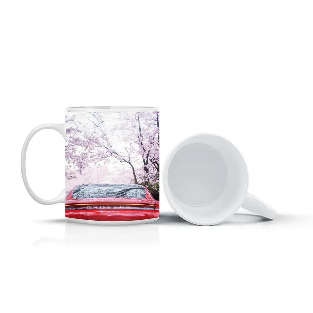 Red Porsche Taycan Cherry Blossom Background – Mugs