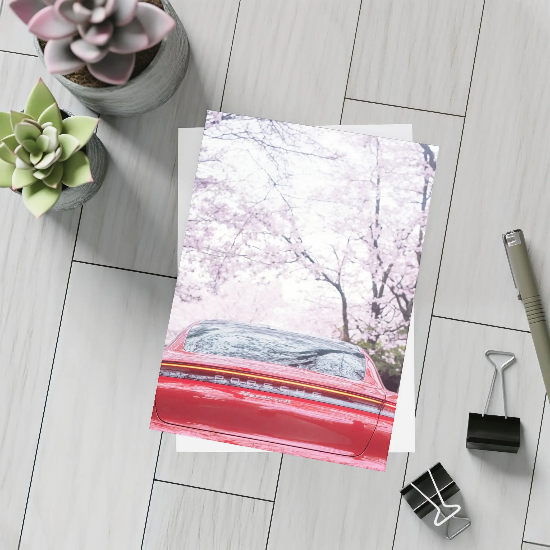 Red Porsche Taycan Cherry Blossom Background – Postcards
