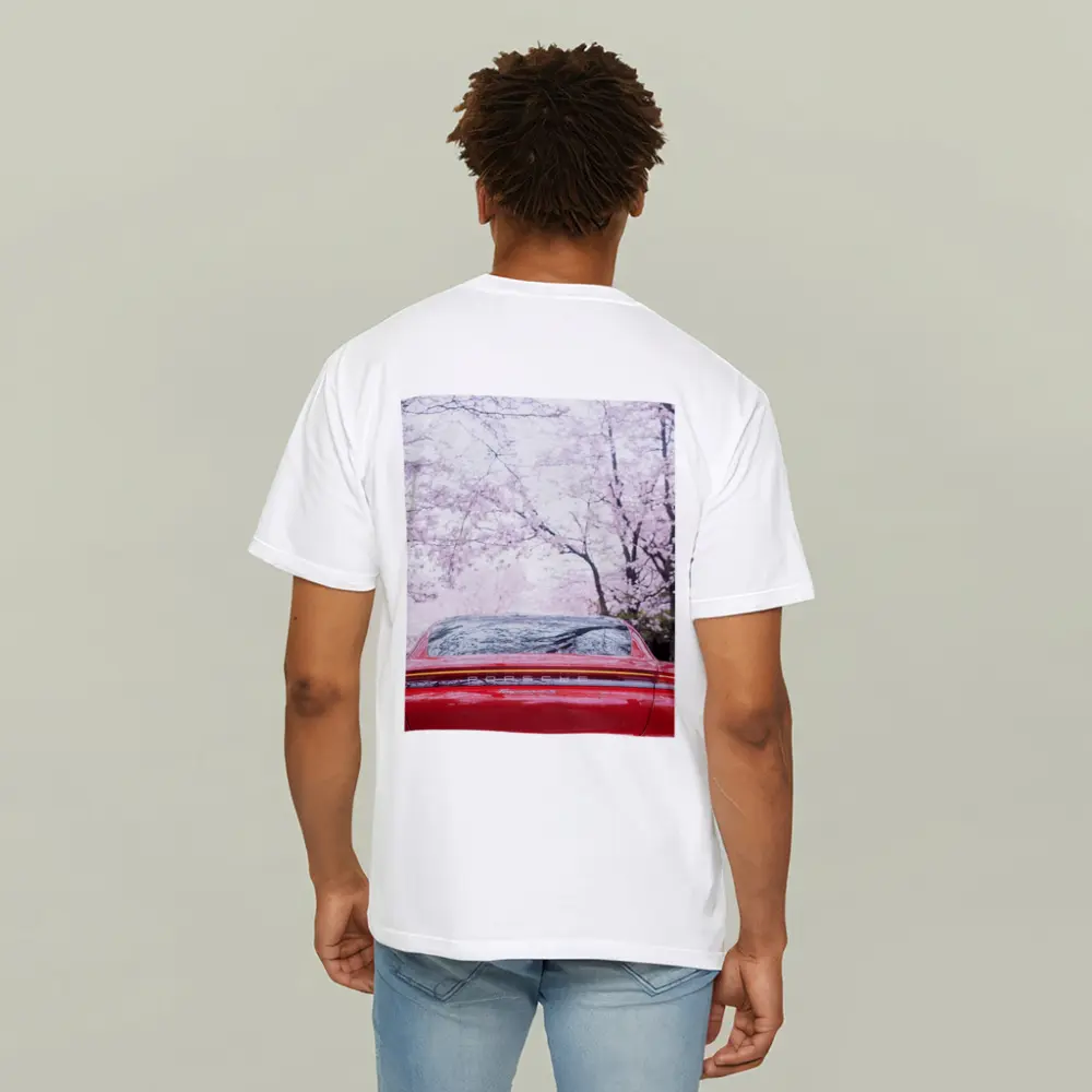 Red Porsche Taycan Cherry Blossom Background – T-Shirts