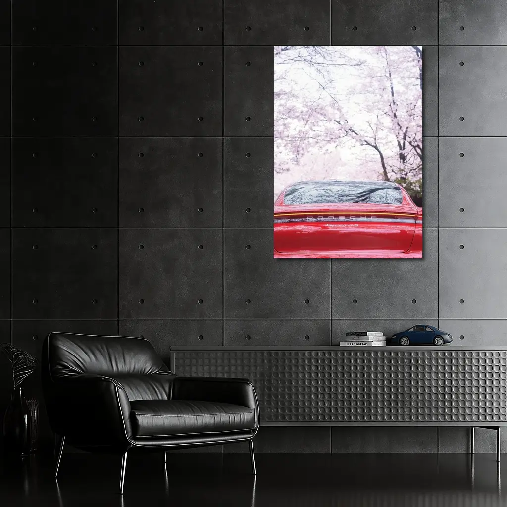 Red Porsche Taycan Cherry Blossom Background – Wall Art