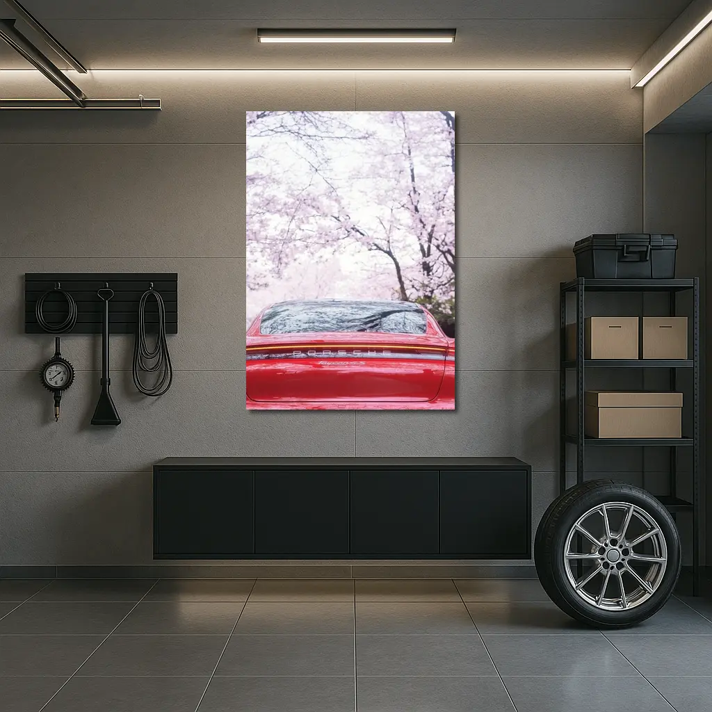 Red Porsche Taycan Cherry Blossom Background – Wall Art