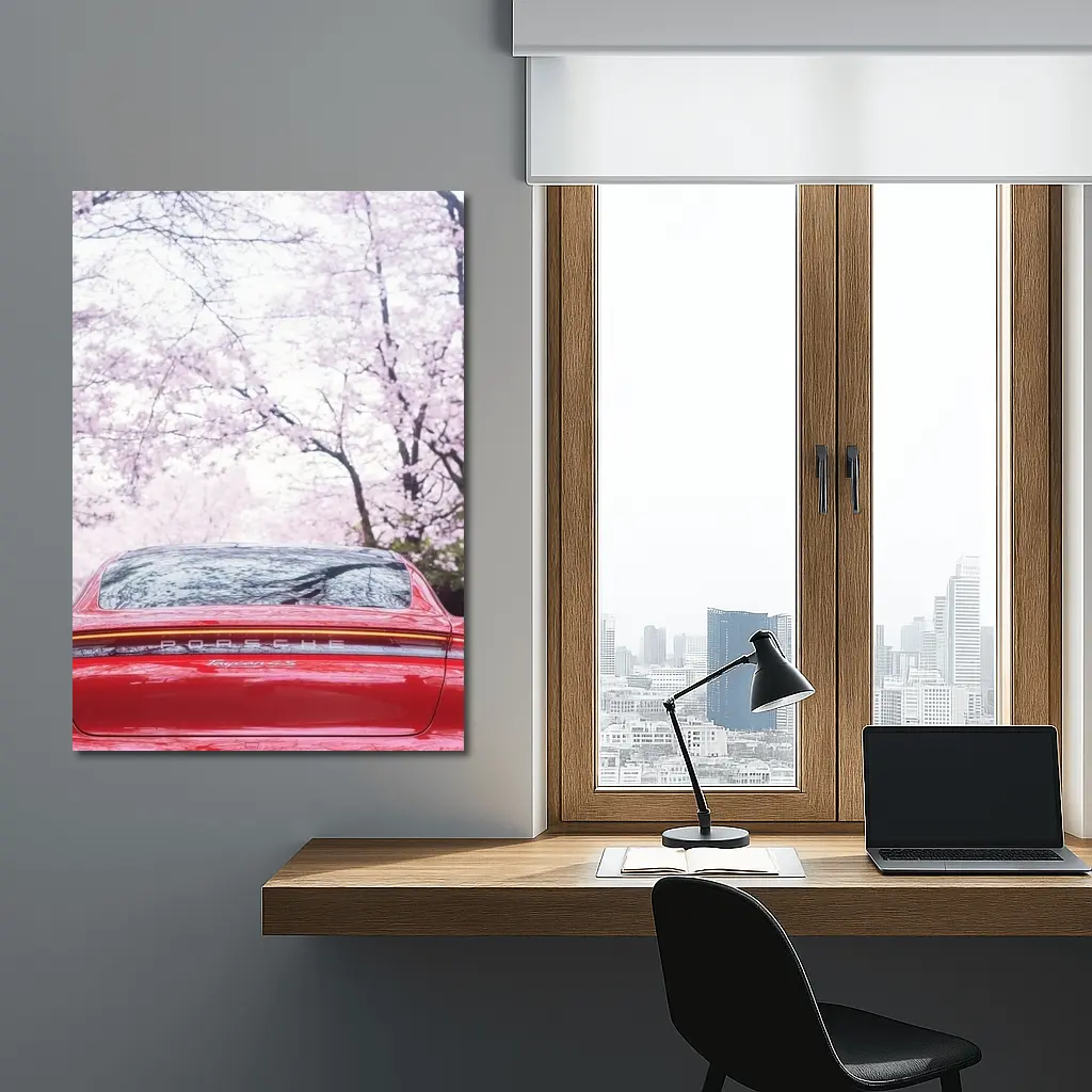 Red Porsche Taycan Cherry Blossom Background – Wall Art