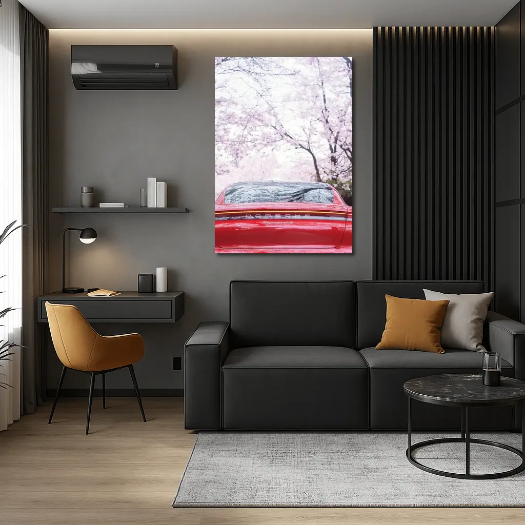 Red Porsche Taycan Cherry Blossom Background – Wall Art