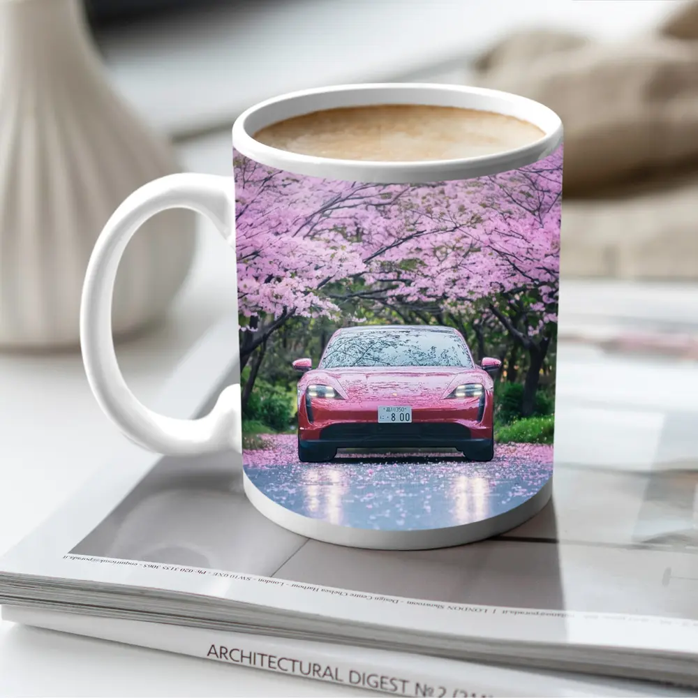 Porsche Taycan Red Under Cherry Blossoms – Mugs