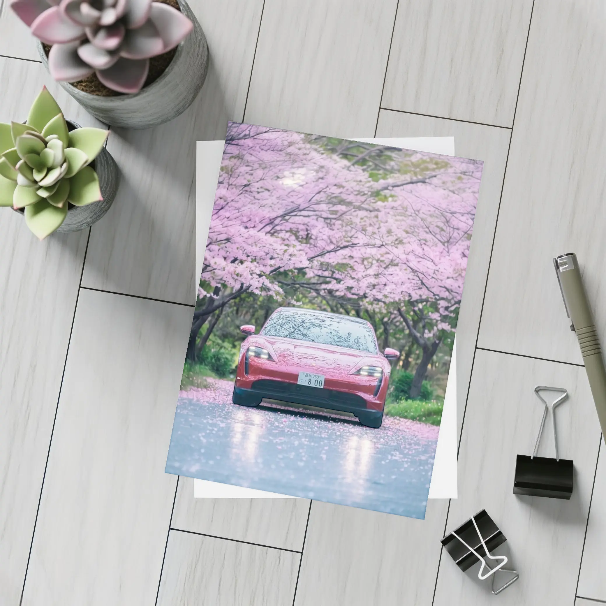 Porsche Taycan Red Under Cherry Blossoms – Postcards