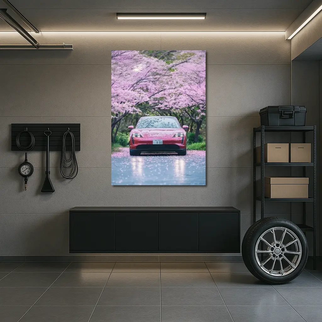 Porsche Taycan Red Under Cherry Blossoms – Wall Art