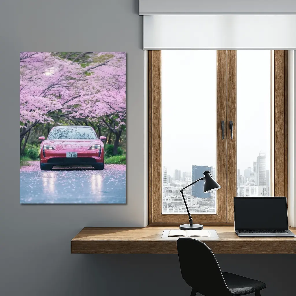 Porsche Taycan Red Under Cherry Blossoms – Wall Art