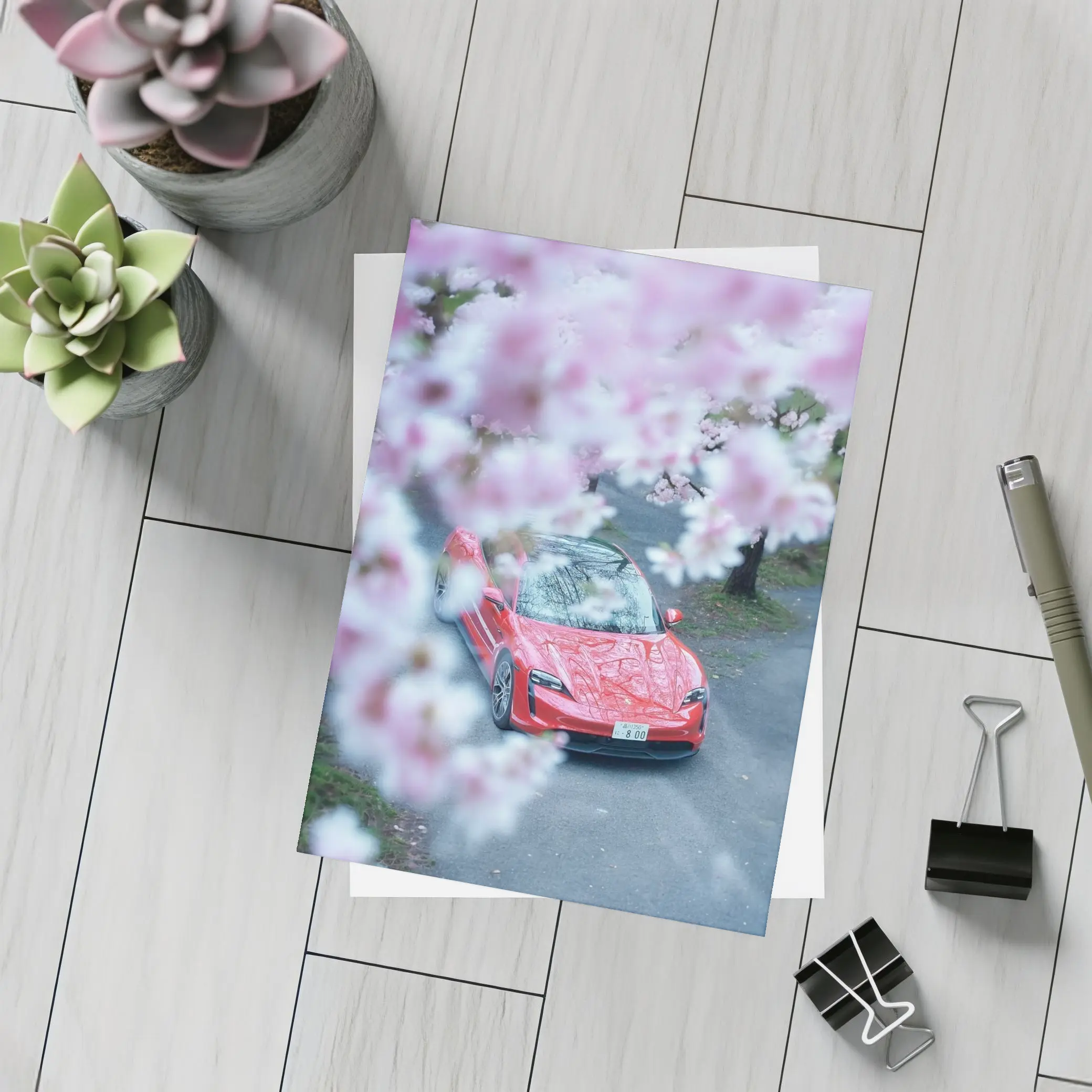 Porsche Taycan Red Cherry Blossom Trees – Postcards