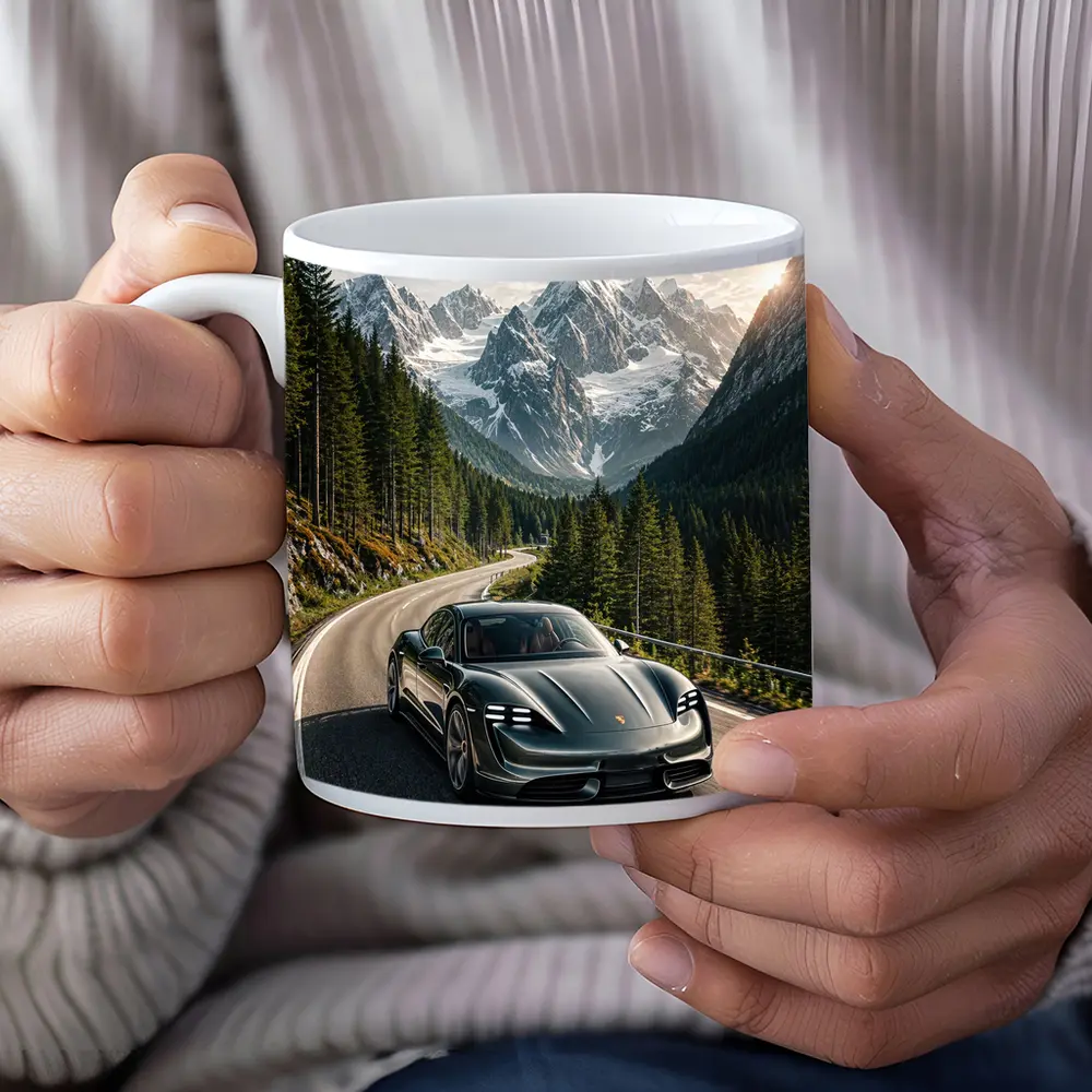 Porsche Taycan Driving Alpine Mountain Road – Mugs