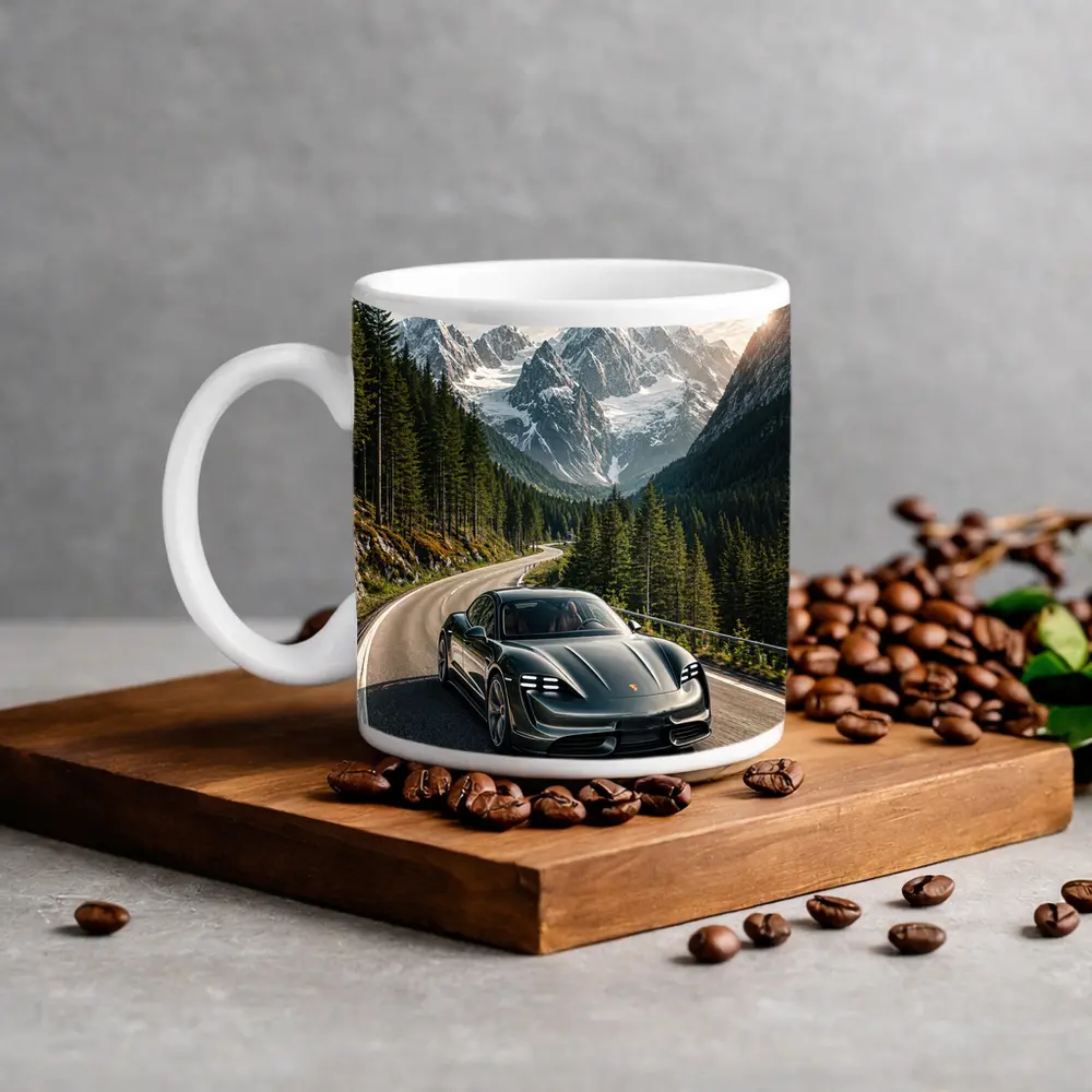 Porsche Taycan Driving Alpine Mountain Road – Mugs