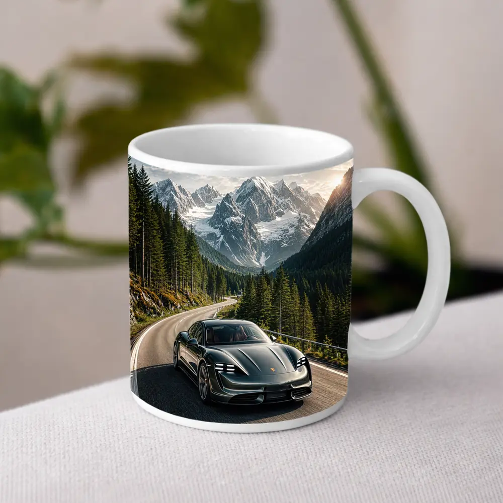 Porsche Taycan Driving Alpine Mountain Road – Mugs