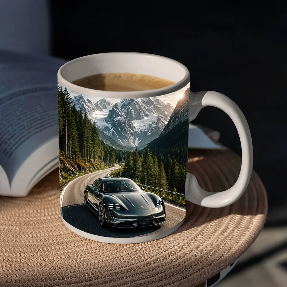 Porsche Taycan Driving Alpine Mountain Road – Mugs