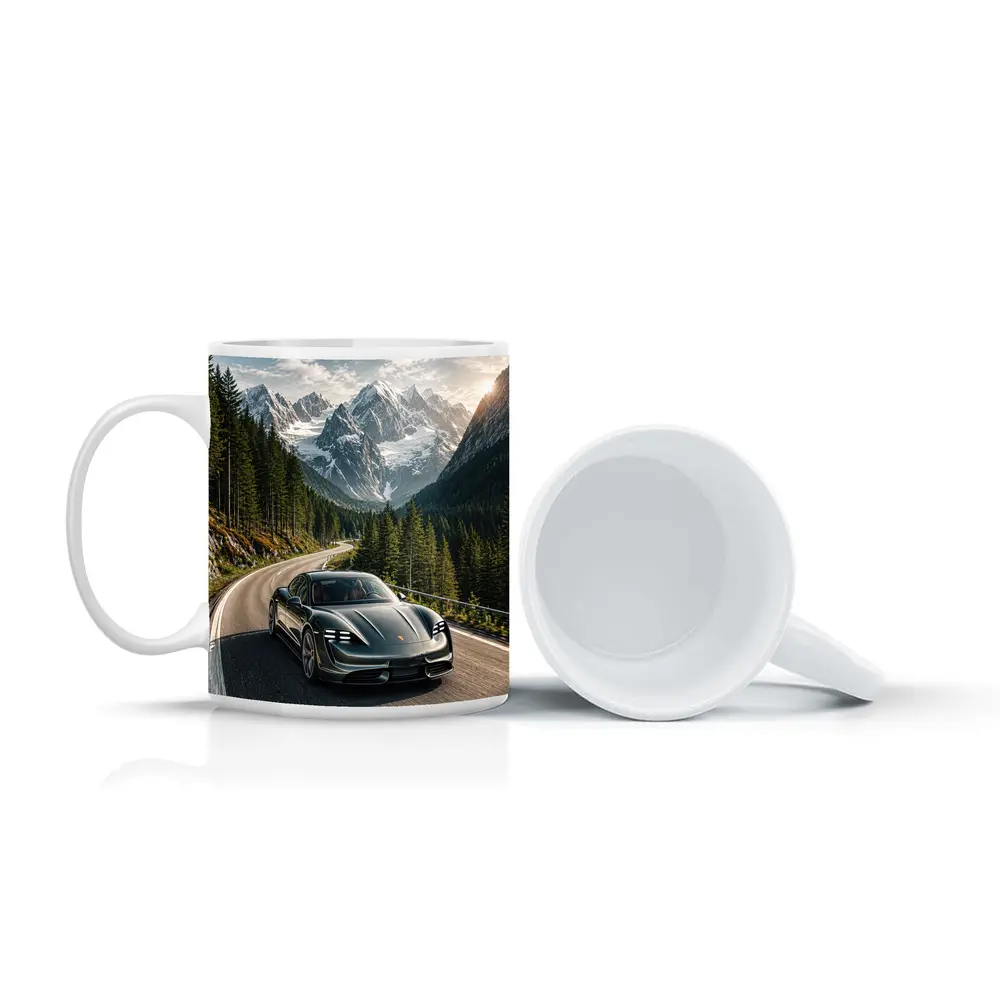Porsche Taycan Driving Alpine Mountain Road – Mugs