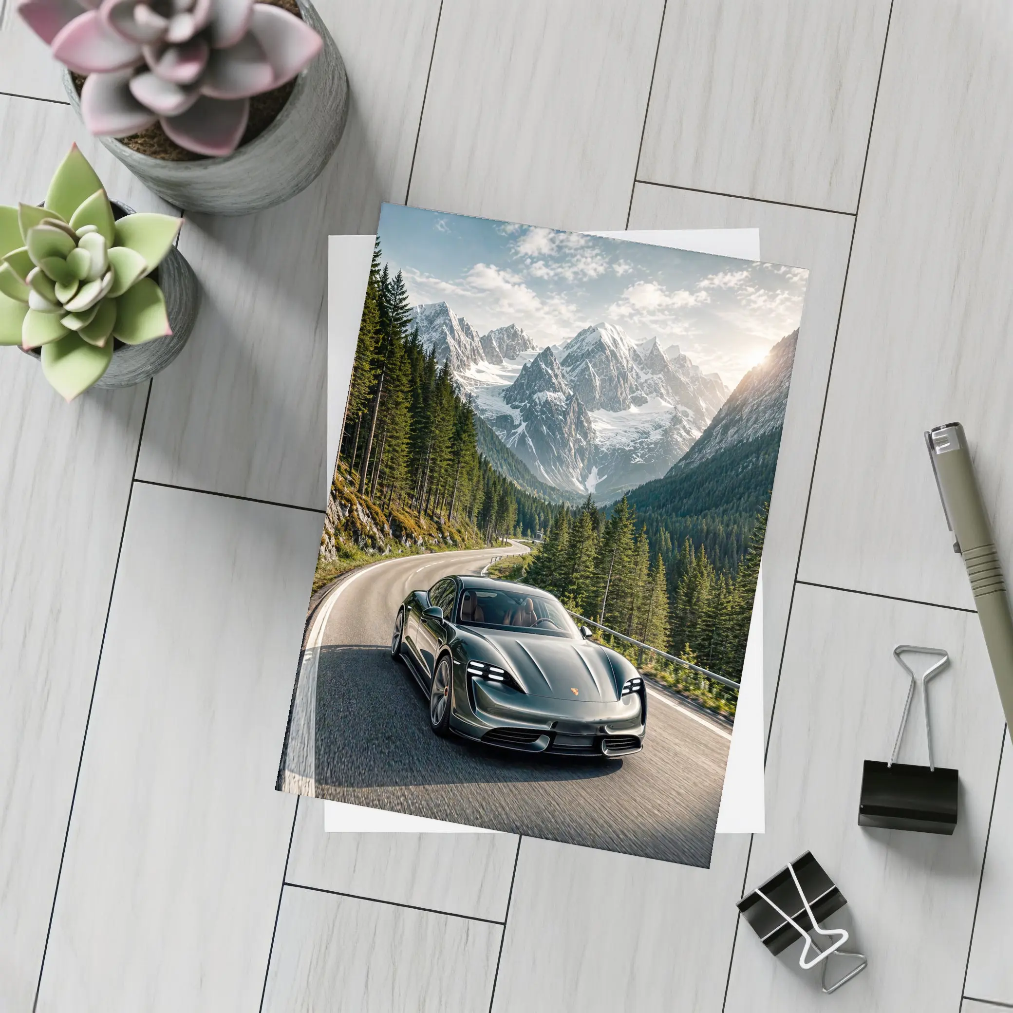 Porsche Taycan Driving Alpine Mountain Road – Postcards