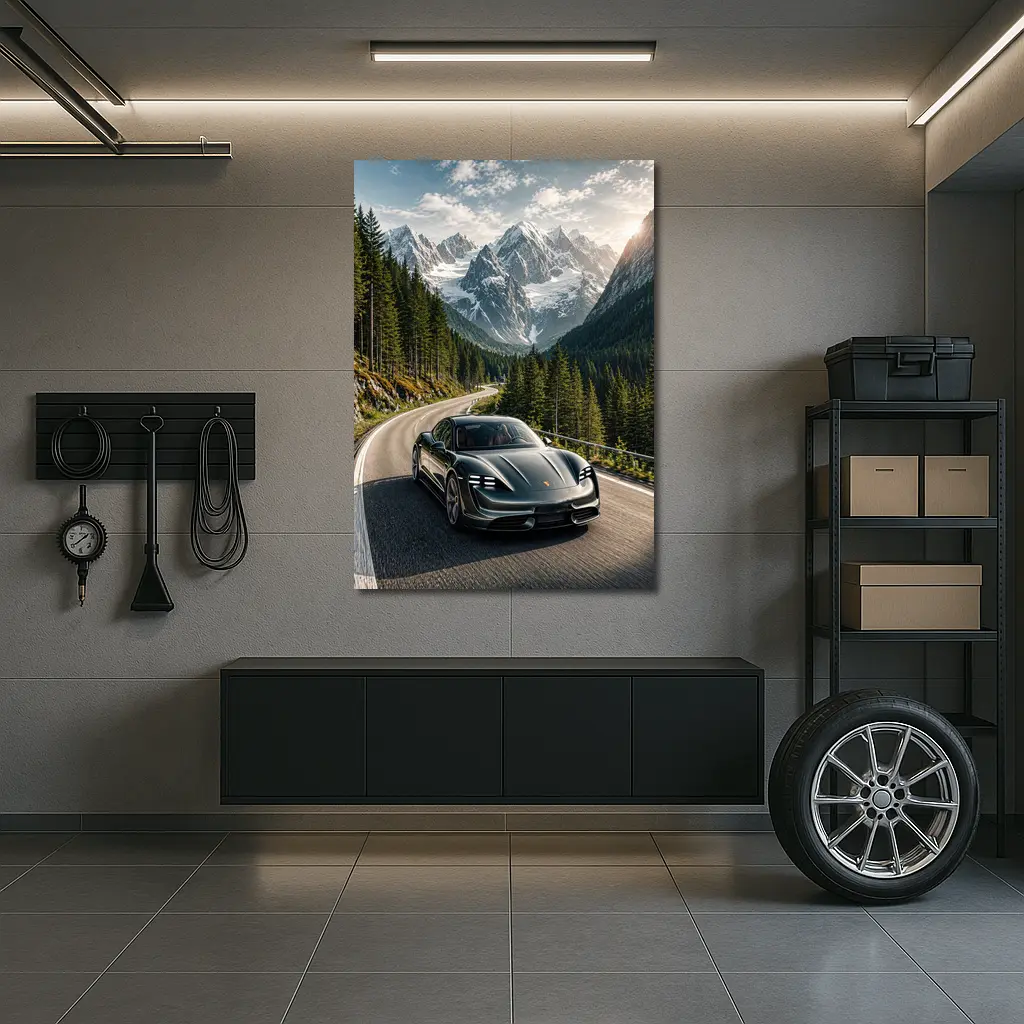 Porsche Taycan Driving Alpine Mountain Road – Wall Art