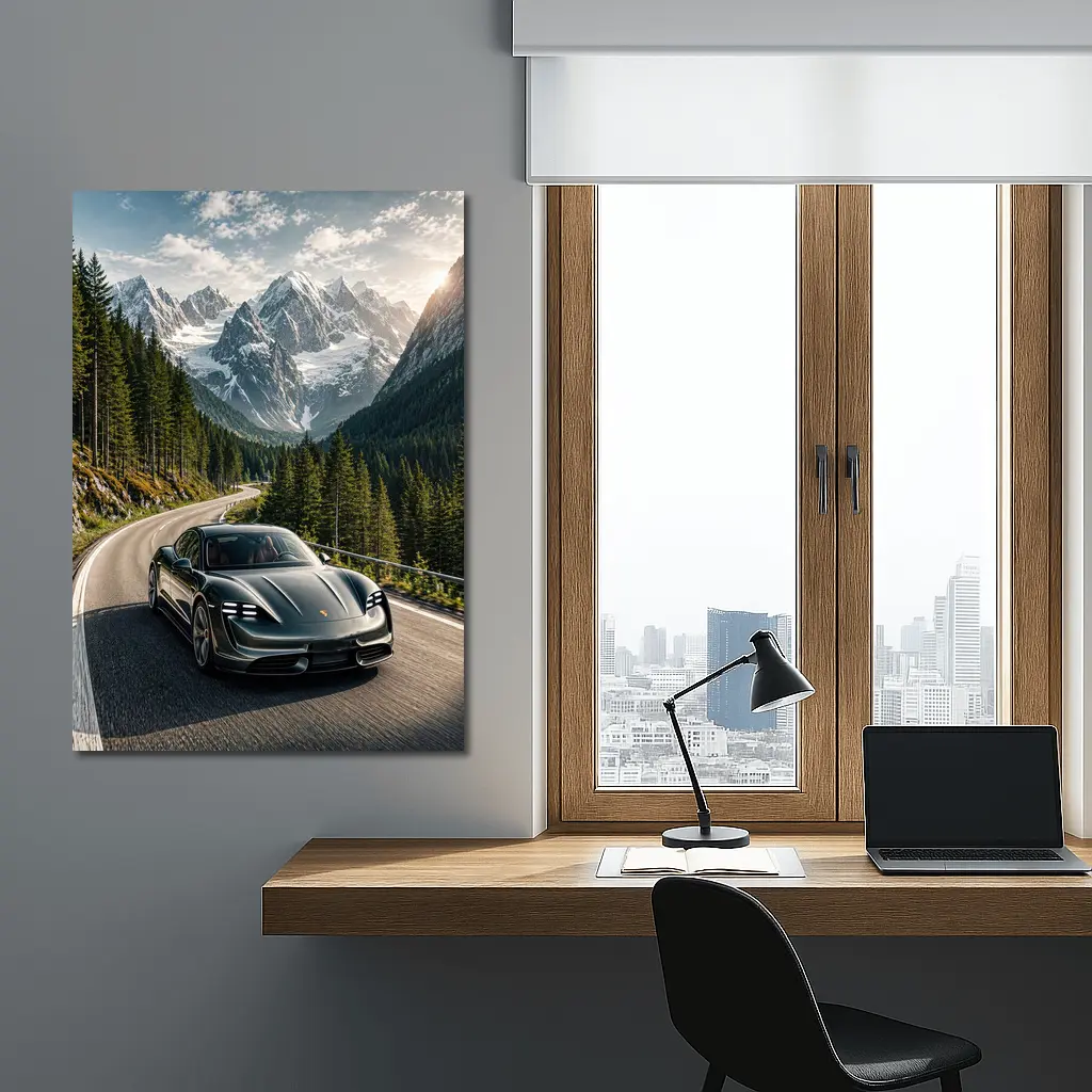 Porsche Taycan Driving Alpine Mountain Road – Wall Art