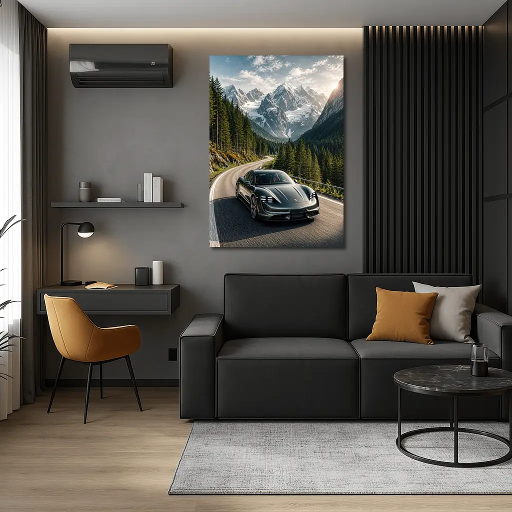 Porsche Taycan Driving Alpine Mountain Road – Wall Art