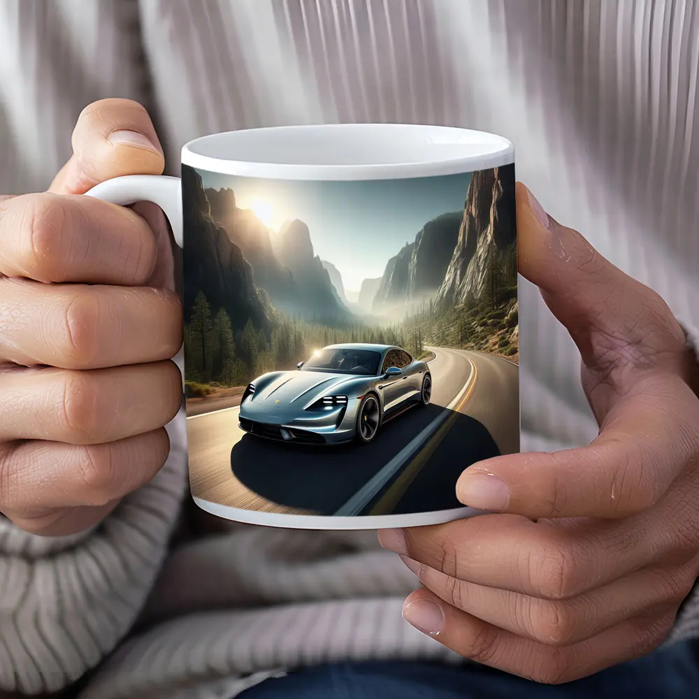 Porsche Taycan Speeding Through Mountain Canyon Road – Mugs