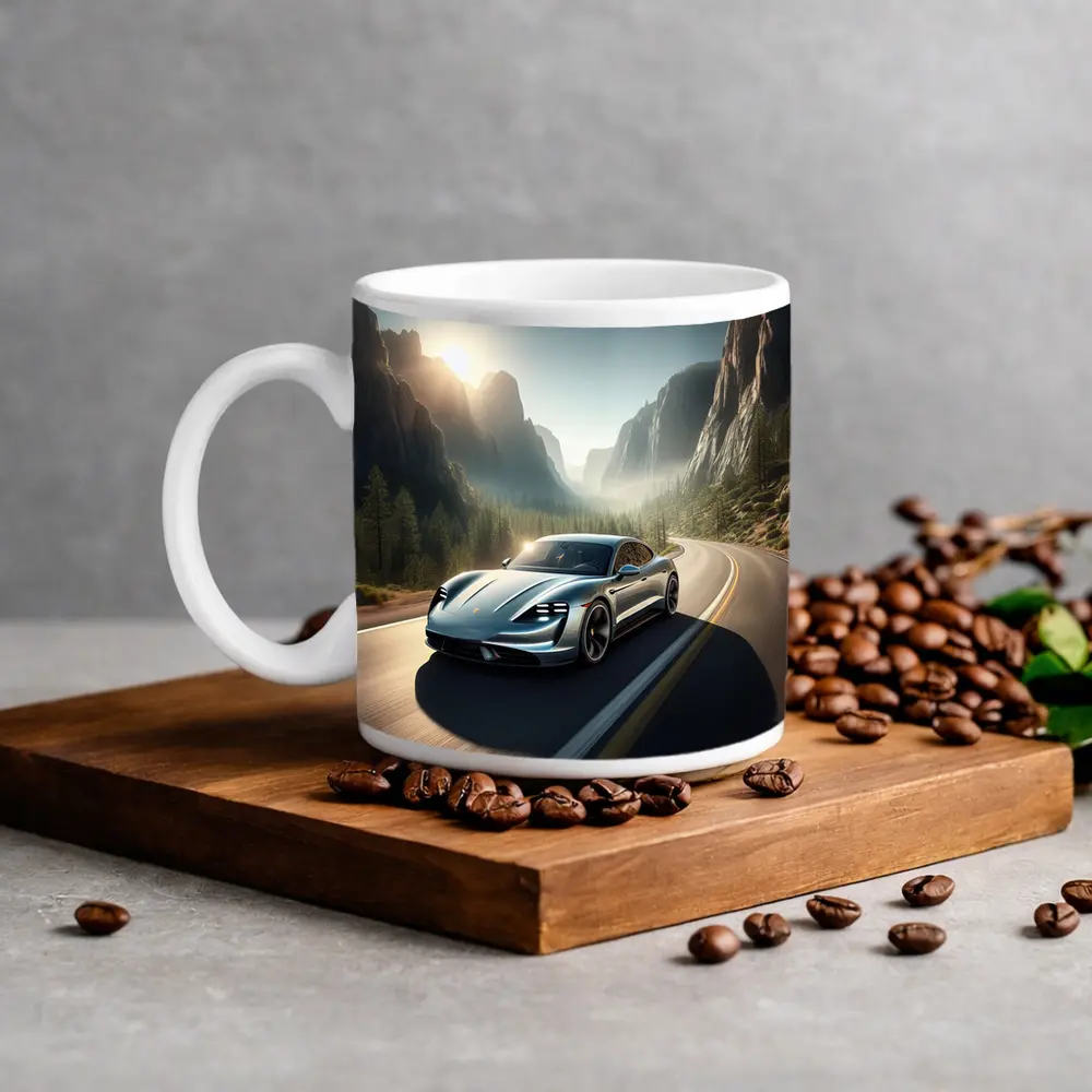 Porsche Taycan Speeding Through Mountain Canyon Road – Mugs