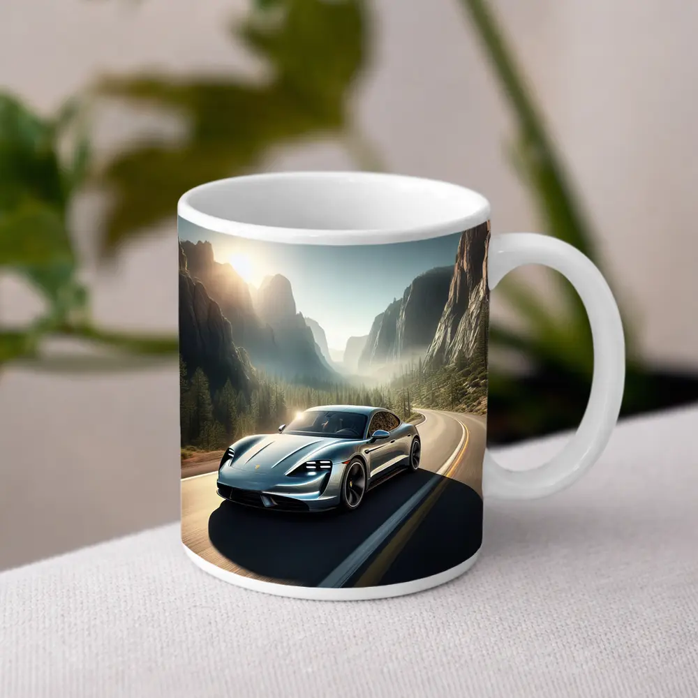Porsche Taycan Speeding Through Mountain Canyon Road – Mugs