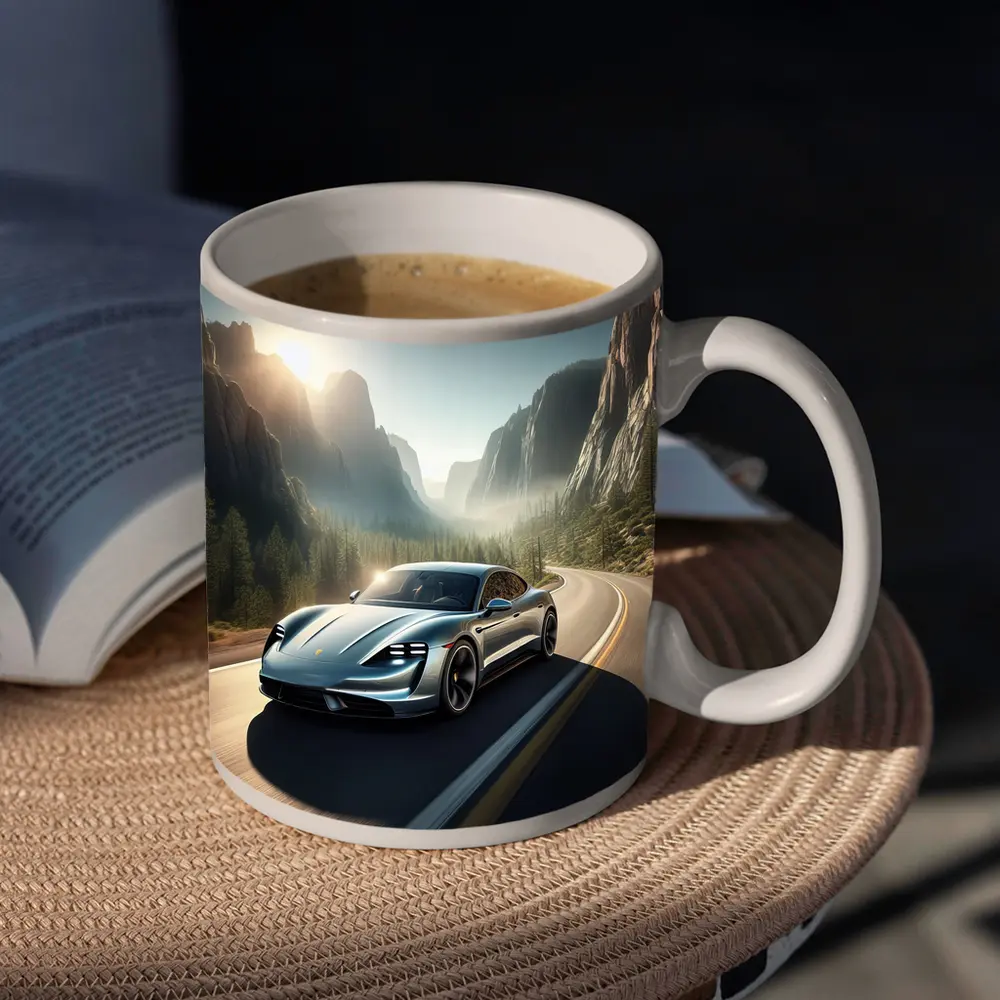 Porsche Taycan Speeding Through Mountain Canyon Road – Mugs