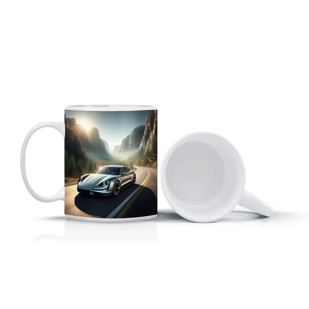 Porsche Taycan Speeding Through Mountain Canyon Road – Mugs