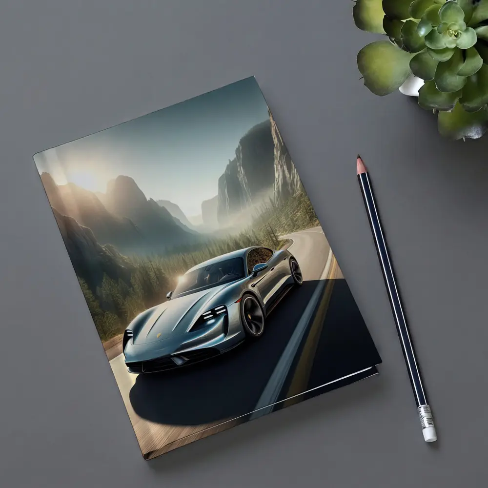 Porsche Taycan Speeding Through Mountain Canyon Road – Notebooks