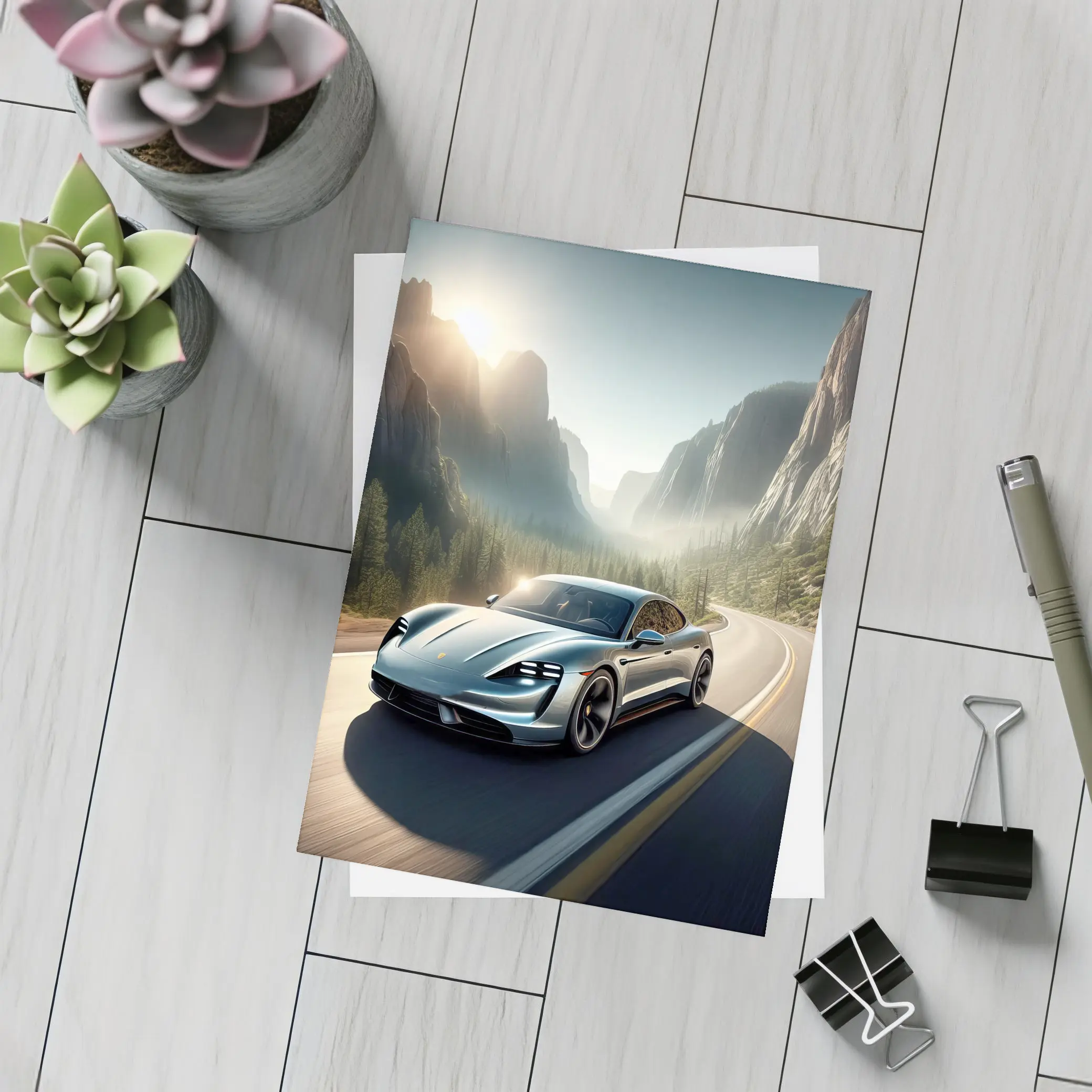 Porsche Taycan Speeding Through Mountain Canyon Road – Postcards